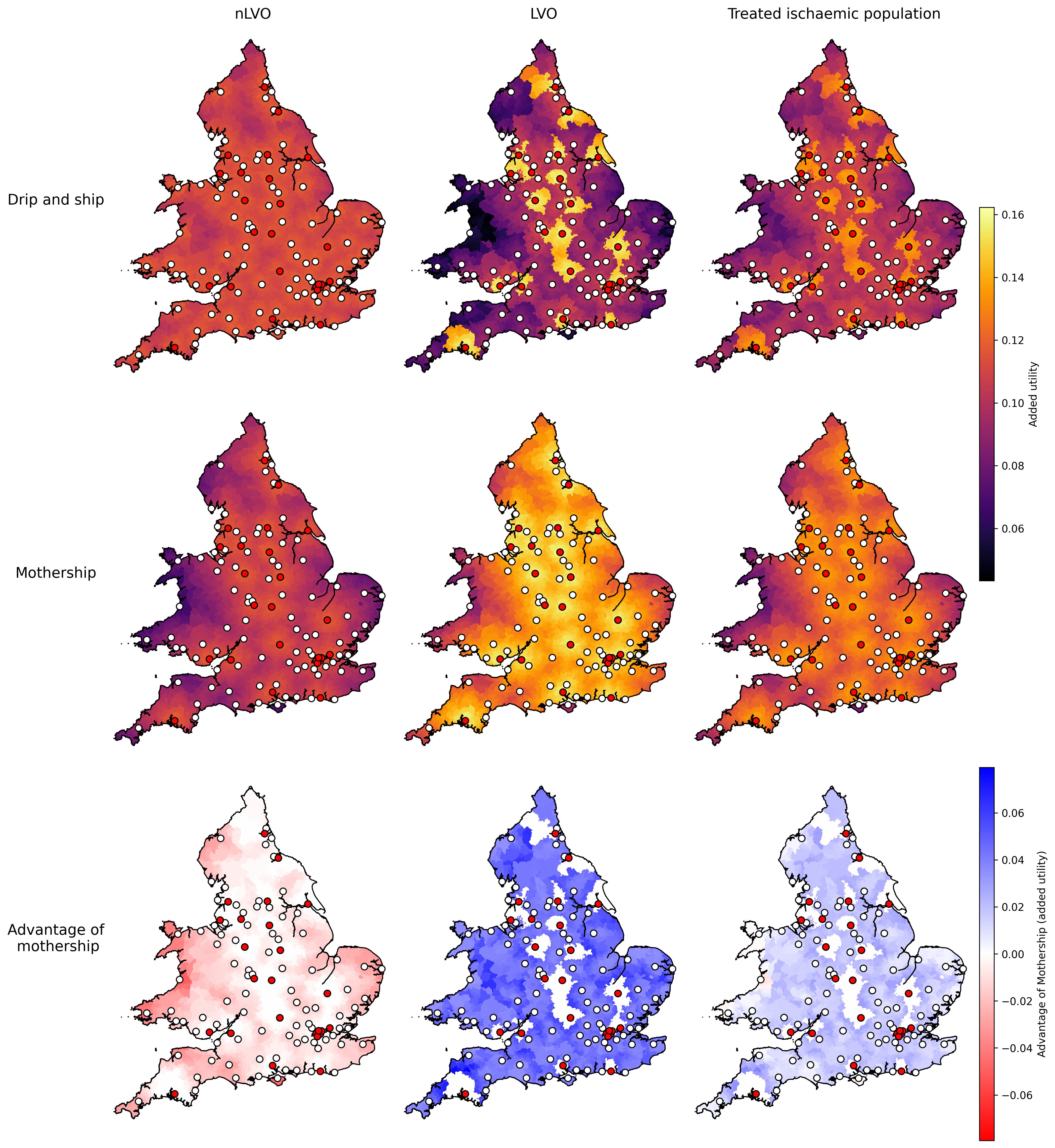 Figure from the stroke outcome paper with maps of England and Wales showing variation in added utility.