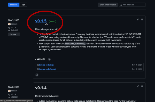 Screenshot of a GitHub "Releases" page with a package version number highlighted.