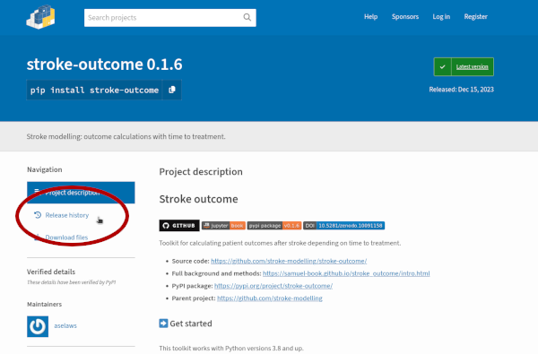 Screenshot of a PyPI project page with the "Release history" section highlighted.